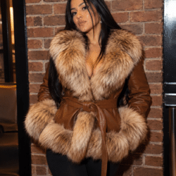 Cognac Brown Lambskin Leather Genuine Fox Fur - Image 5