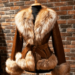Cognac Brown Lambskin Leather Genuine Fox Fur