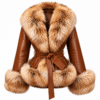 Cognac Brown Lambskin Leather Genuine Fox Fur