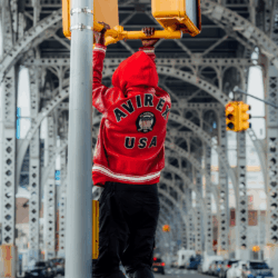 Avirex, Red Avirex Icon, USA, Icon, Hip Hop Fashion, Urban Fashion, Street wear, Bronx, Brooklyn, Queens, Staten Island, Manhattan, Newark, Cold, Winter, Chicago, Ohio, New Jersey, New York, Downtown, Uptown, Blacked Out, Paterson, Orange, Jersey City, Fordham Road, Belleville, NJ, Brick City Leather, Leather Jacket, High Fashion, Magic Show, Brick City Leather