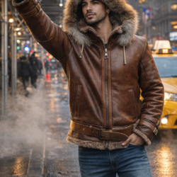 Brown Leather Shearling, Brick City Leather, Bronx, Brooklyn, Queens, Staten Island, Brown Bomber, Fur Fox Hood, Winter, Cold, Shearling, Coat, Newark, Store, Warm, Shop, Urban Fashion, Connecticut