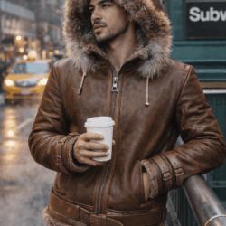 Brown Leather Shearling, Brick City Leather, Bronx, Brooklyn, Queens, Staten Island, Brown Bomber, Fur Fox Hood, Winter, Cold, Shearling, Coat, Newark, Store, Warm, Shop, Urban Fashion, Connecticut