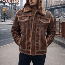 Brown Shearling Trucker Leather Coat Belleville NJ, New York, New Jersey, Newark, Chicago, Ohio, Cold, Winter, Urban Fashion, Street Wear, Jean Jacket