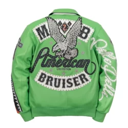 Pelle Pelle Lime Green Bruiser leather jacket with bold premium leather construction, vibrant neon green streetwear design, iconic Pelle Pelle urban fashion statement jacket, luxury hip-hop style outerwear.