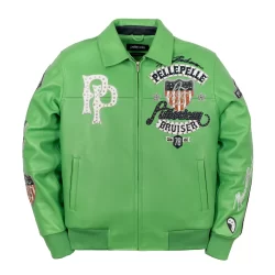 Pelle Pelle Lime Green Bruiser leather jacket with bold premium leather construction, vibrant neon green streetwear design, iconic Pelle Pelle urban fashion statement jacket, luxury hip-hop style outerwear.