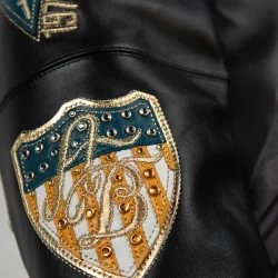 Black and gold Pelle Pelle leather jacket men’s streetwear NYC Brick City Leather