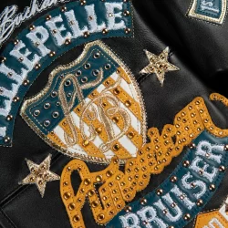 Black and gold Pelle Pelle leather jacket men’s streetwear NYC Brick City Leather