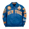 New York Knicks Champions Pelle Pelle blue leather jacket with 2026 Champions Patch available at Brick City Leather. Authentic Pelle Pelle jacket for New York Knicks fans and collectors.