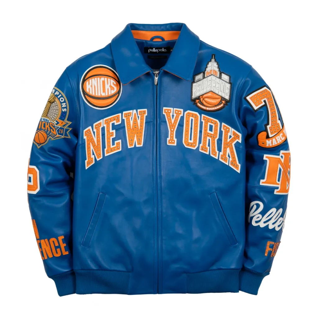 New York Knicks Champions Pelle Pelle blue leather jacket with 2026 Champions Patch available at Brick City Leather. Authentic Pelle Pelle jacket for New York Knicks fans and collectors.