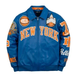 New York Knicks Champions Pelle Pelle blue leather jacket with 2026 Champions Patch available at Brick City Leather. Authentic Pelle Pelle jacket for New York Knicks fans and collectors.