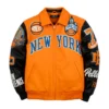 Orange body New York Knicks Champions Pelle Pelle leather jacket with 2026 Champions Patch and premium leather craftsmanship available at Brick City Leather.