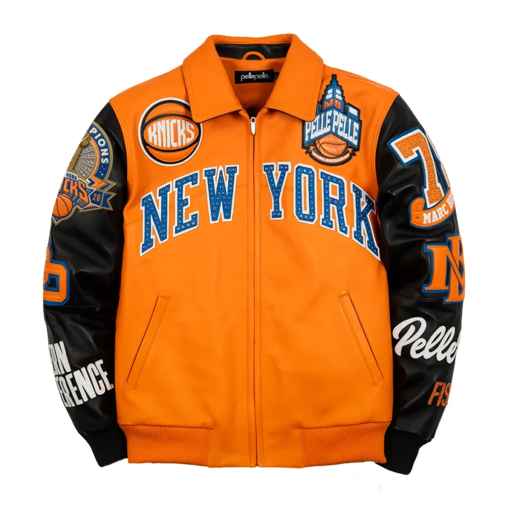 Orange body New York Knicks Champions Pelle Pelle leather jacket with 2026 Champions Patch and premium leather craftsmanship available at Brick City Leather.