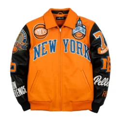 Orange body New York Knicks Champions Pelle Pelle leather jacket with 2026 Champions Patch and premium leather craftsmanship available at Brick City Leather.