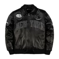 Pelle Pelle New York Knicks black leather jacket by Marc Buchanan premium NBA leather jacket embroidered all black Knicks Pelle Pelle jacket available at Brick City Leather