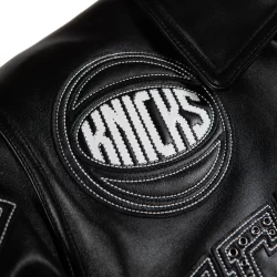 Pelle Pelle New York Knicks black leather jacket by Marc Buchanan premium NBA leather jacket embroidered all black Knicks Pelle Pelle jacket available at Brick City Leather