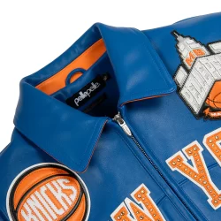 Pelle Pelle New York Knicks leather jacket 2026 blue body Marc Buchanan men’s luxury streetwear jacket NYC Brick City Leather