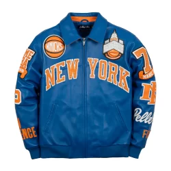Pelle Pelle New York Knicks leather jacket 2026 blue body Marc Buchanan men’s luxury streetwear jacket NYC Brick City Leather