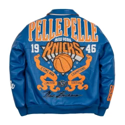 Pelle Pelle New York Knicks leather jacket 2026 blue body Marc Buchanan men’s luxury streetwear jacket NYC Brick City Leather