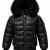Black Leather Puffer removable hood which has nice fox fur trimming.