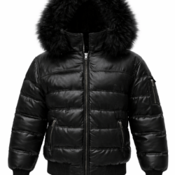 Black Leather Puffer removable hood which has nice fox fur trimming.