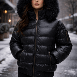 Black Leather Puffer removable hood which has nice fox fur trimming.