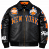 Pelle Pelle New York Knicks black leather jacket front with orange and blue NEW YORK lettering and Knicks patches