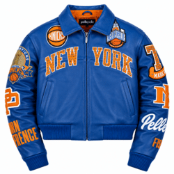 Women's Blue Pelle Pelle Knicks Leather Jacket front view with orange New York lettering and championship patches