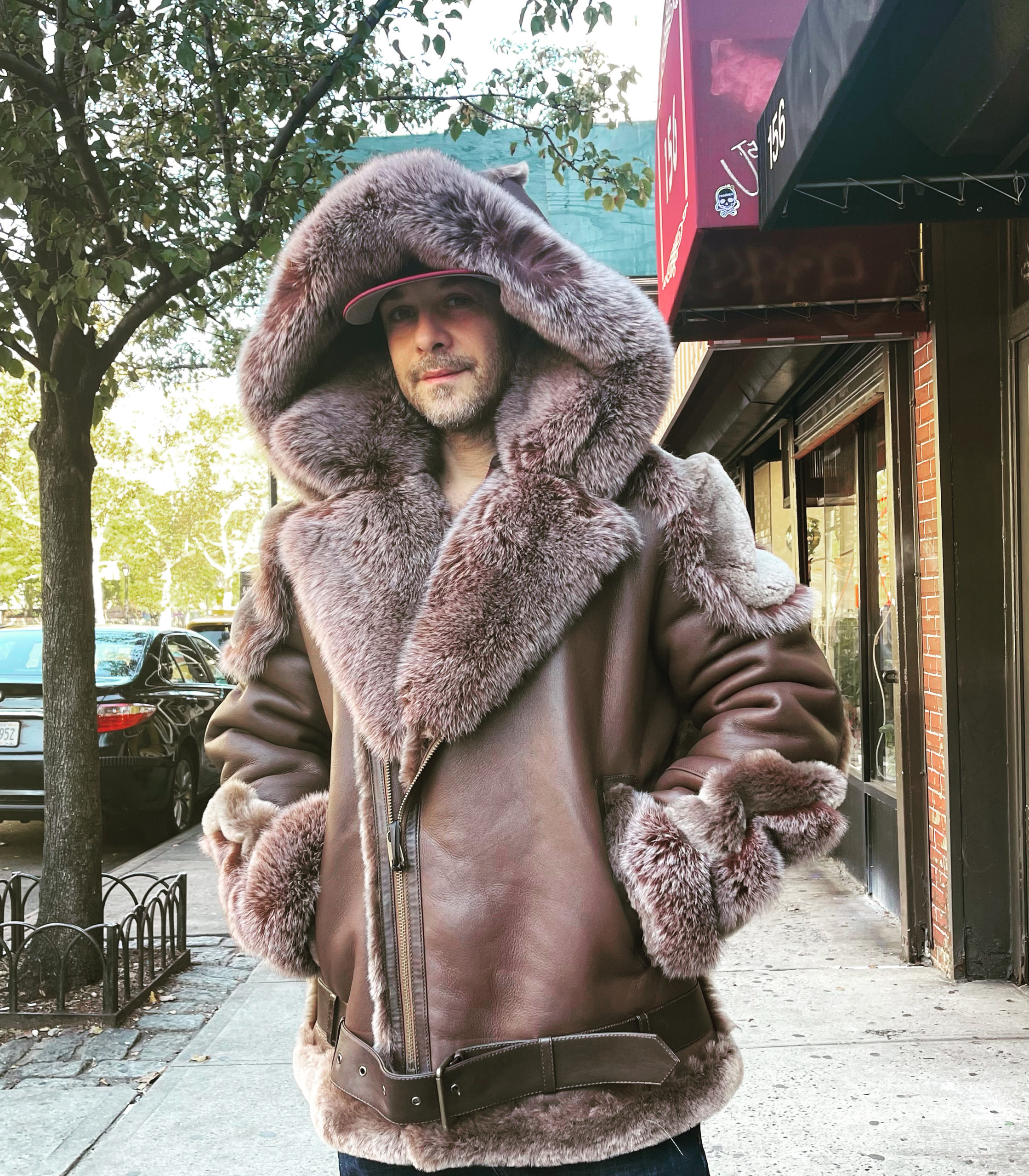 Mens Brown Shearling With Brown Fox Fur