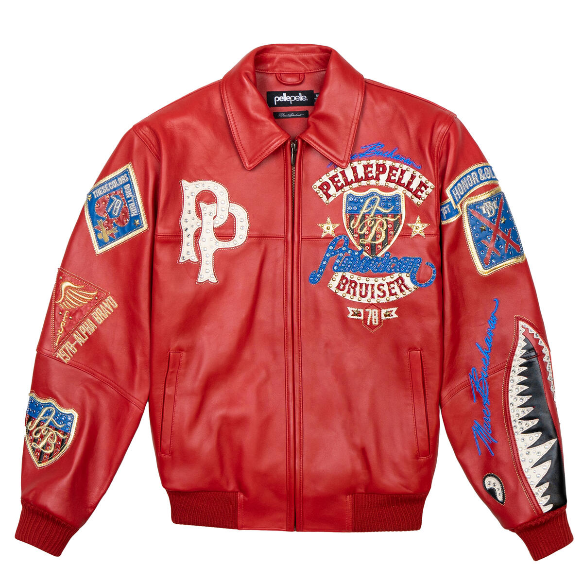 Men's Pelle Pelle Red Plush American Bruiser Leather Jacket with detailed embroidery, perfect for cold cities like NYC, Newark, Chicago, and Philadelphia – available at Brick City Leather.