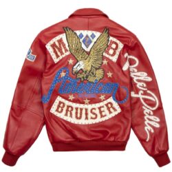 Men's Pelle Pelle Red Plush American Bruiser Leather Jacket with detailed embroidery, perfect for cold cities like NYC, Newark, Chicago, and Philadelphia – available at Brick City Leather.