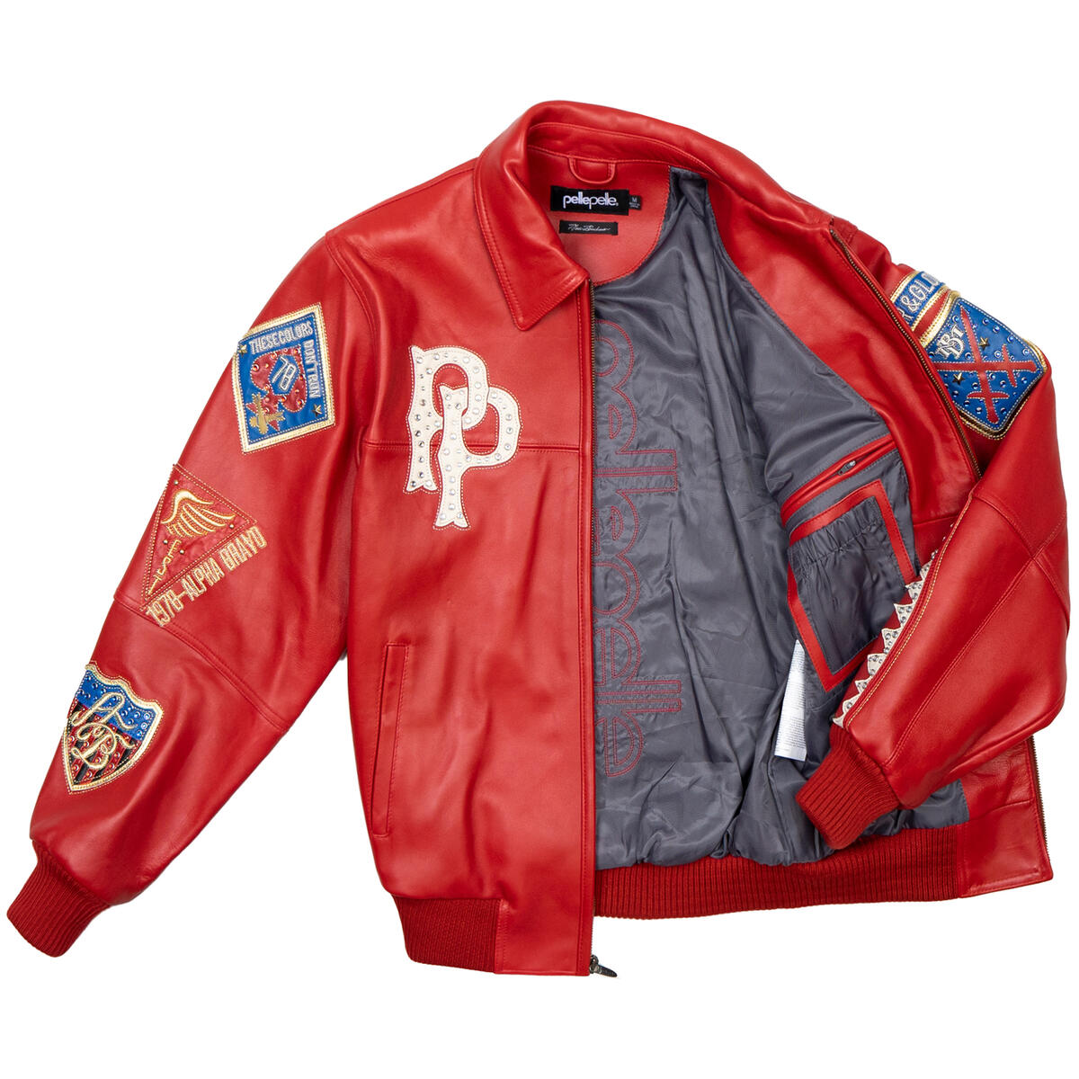 Men's Pelle Pelle Red Plush American Bruiser Leather Jacket with detailed embroidery, perfect for cold cities like NYC, Newark, Chicago, and Philadelphia – available at Brick City Leather.