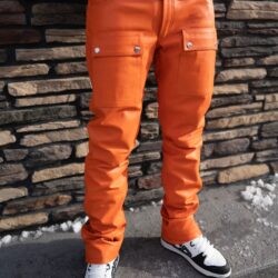 Orange Leather Stacked, Leather Pants, Hip Hop Fashion, Urban Fashion, Street wear, Bronx, Brooklyn, Queens, Staten Island, Manhattan, Newark, Cold, Winter, Chicago, Ohio, New Jersey, New York, Downtown, Uptown, Paterson, Orange, Jersey City, Fordham Road, Belleville, NJ, Brick City Leather, Leather Jacket, High Fashion, Magic Show, Brick City Leather, Cold, Winter, Style, Spring, Warm, Fordham Road, East Tremont, Castle Hill, Connecticut