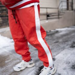 Red & White Tracksuit, Tracksuit Leather, Leather, Leather Jacket, Hip Hop Fashion, Urban Fashion, Street wear, Bronx, Brooklyn, Queens, Staten Island, Manhattan, Newark, Cold, Winter, Chicago, Ohio, New Jersey, New York, Downtown, Uptown, Paterson, Orange, Jersey City, Fordham Road, Belleville, NJ, Brick City Leather, Leather Jacket, High Fashion, Magic Show, Brick City Leather