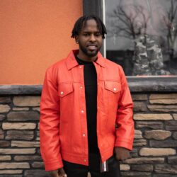 Denim Style Red Leather Jacket, Hip Hop Fashion, Urban Fashion, Street wear, Bronx, Brooklyn, Queens, Staten Island, Manhattan, Newark, Cold, Winter, Chicago, Ohio, New Jersey, New York, Downtown, Uptown, Paterson, Orange, Jersey City, Fordham Road, Belleville, NJ, Brick City Leather, Leather Jacket, High Fashion, Magic Show, Brick City Leather