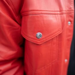 Denim Style Red Leather Jacket, Hip Hop Fashion, Urban Fashion, Street wear, Bronx, Brooklyn, Queens, Staten Island, Manhattan, Newark, Cold, Winter, Chicago, Ohio, New Jersey, New York, Downtown, Uptown, Paterson, Orange, Jersey City, Fordham Road, Belleville, NJ, Brick City Leather, Leather Jacket, High Fashion, Magic Show, Brick City Leather